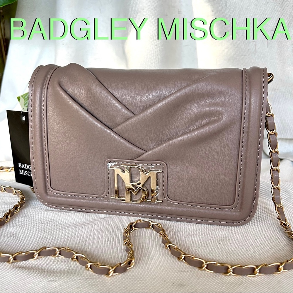 BADGLEY MISCHKA Taupe  pleated crossbody flap bag small NWT